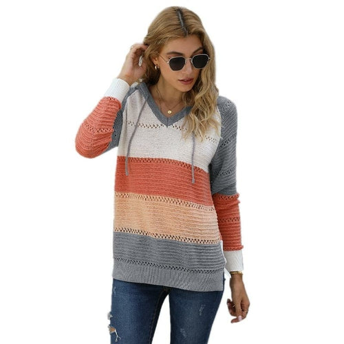 Womens Color Block Knit Hoodies Sweaters Loose Pullover Sweatshirts