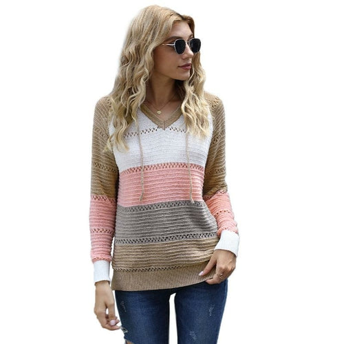 Womens Color Block Knit Hoodies Sweaters Loose Pullover Sweatshirts