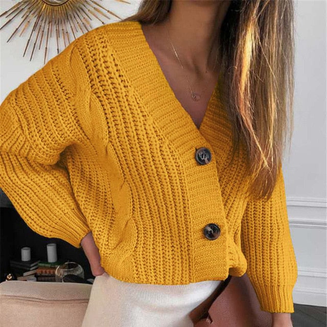 Women's Short Cardigan Knitted Sweater (Long Sleeve V Neck)