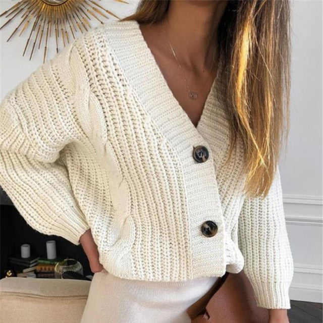 Women's Short Cardigan Knitted Sweater (Long Sleeve V Neck)