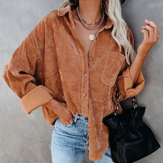 Corduroy Women's Solid Color \ Loose Boyfriend Style Vintage Blouse