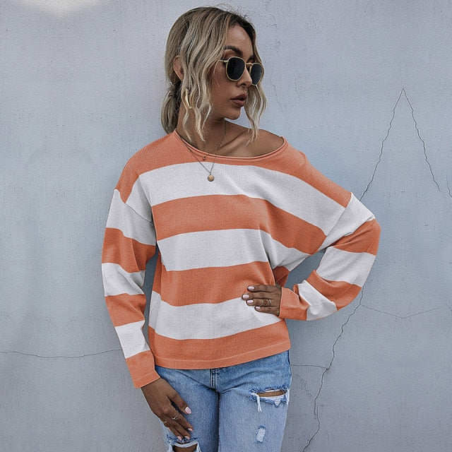 Basic Jumper Striped Sweater for Women Autumn/Winter Casual Knitted Pullovers (various colors)
