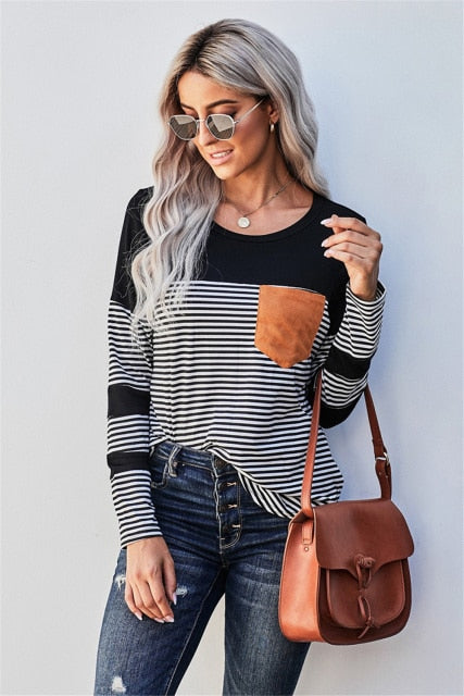 Women's Striped Tee Shirt w/ Pocket -  Long Sleeve Top O-Neck Patchwork blouse