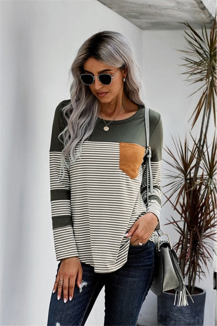 Women's Striped Tee Shirt w/ Pocket -  Long Sleeve Top O-Neck Patchwork blouse
