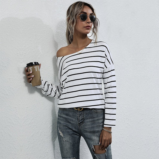 Basic Striped T Shirt for Women Casual O Neck Full Sleeve Pullover