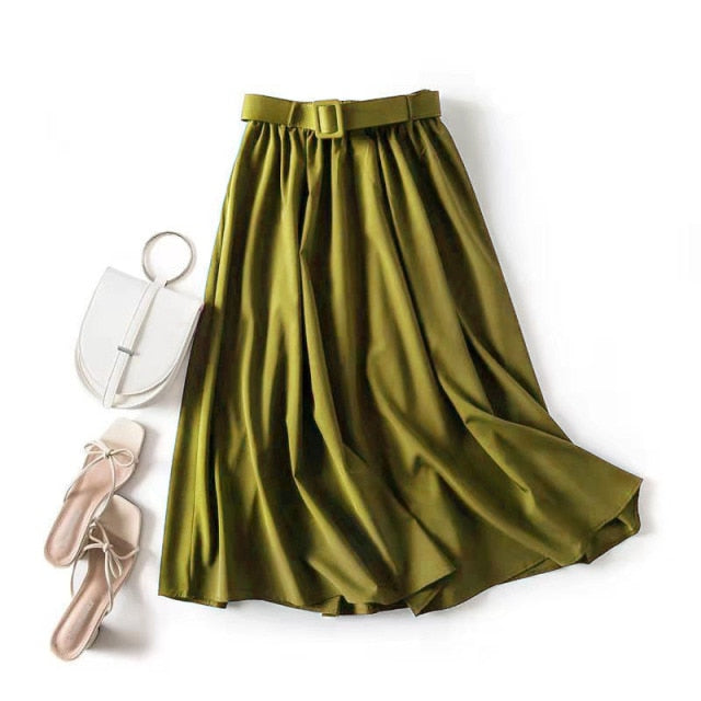 Casual Elegant Women Skirt Solid High Waist Belt A-Line Vintage