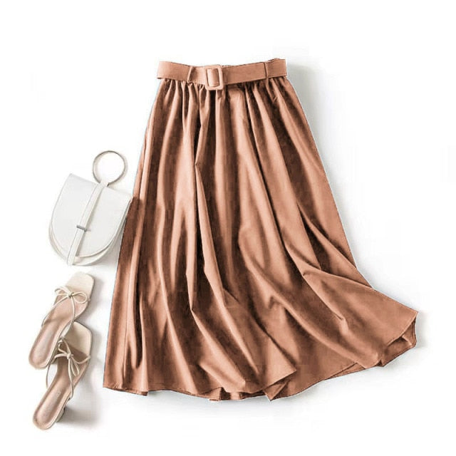 Casual Elegant Women Skirt Solid High Waist Belt A-Line Vintage