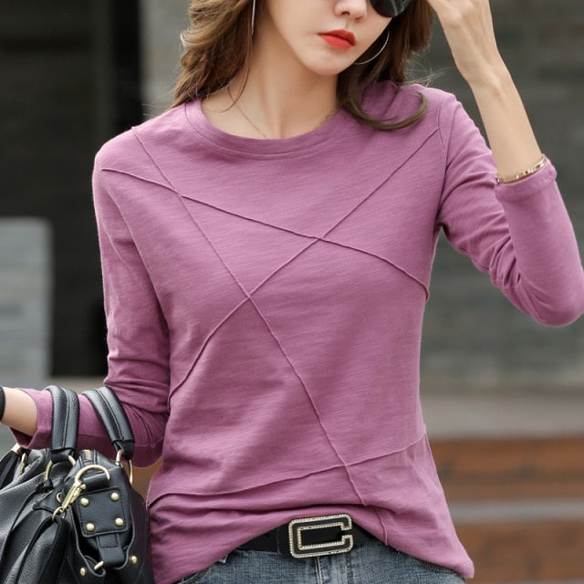 Ribbed Sping Fashion Cotton T-Shirt Autumn Women O-Neck Loose