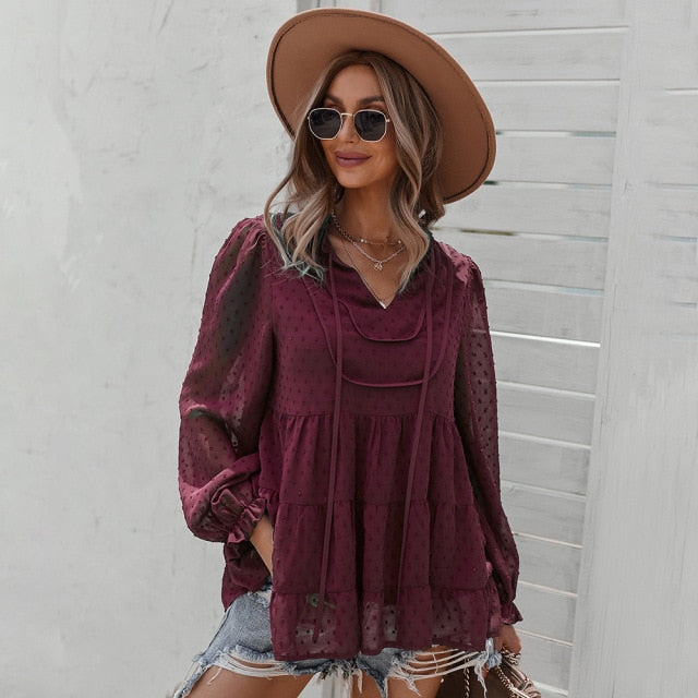 Fall New Women's Elegnt V Neck Lace Up Petal Sleeved Solid Color Oversized Top