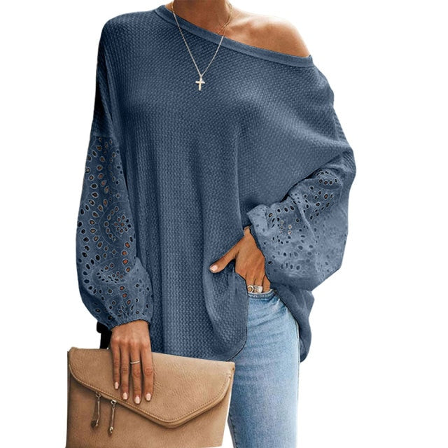 Vintage Hollow Out Shirt Women's Lace Long Sleeve Casual Solid Colors Elegant Blouse
