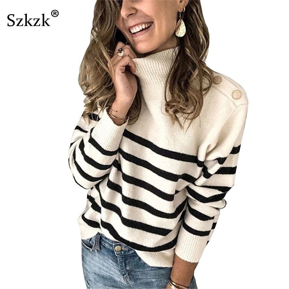 Szkzk - Striped Knit Sweater Button Women's Pullover