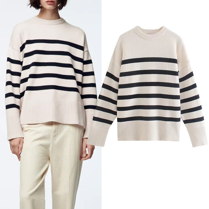 Za Sweater Fall Fashion Striped O-Neck 100% Cotton Women's Sweater