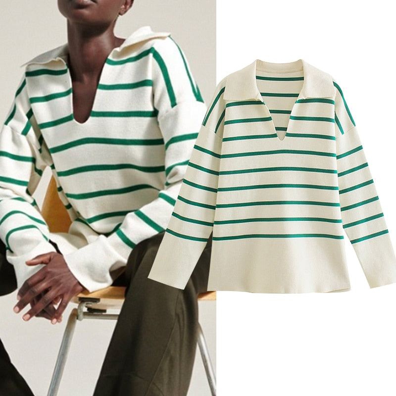 Za Sweater Pullover New Fashion Striped Lapel Pullover Women Sweater (green)