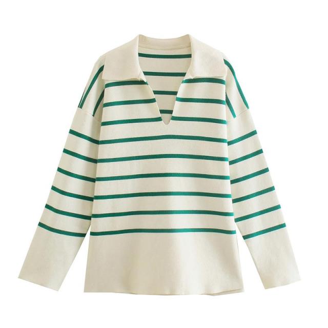 Za Sweater Pullover New Fashion Striped Lapel Pullover Women Sweater (green)