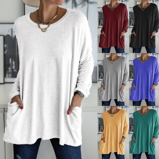 Oversized Solid Color Vintage Tunic Blouse - Basic Women's Top