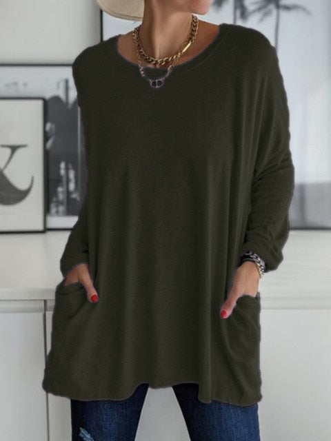 Oversized Solid Color Vintage Tunic Blouse - Basic Women's Top