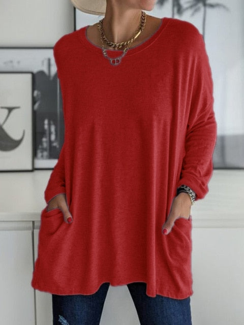 Oversized Solid Color Vintage Tunic Blouse - Basic Women's Top