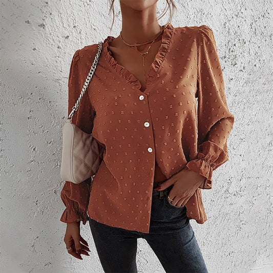 Fashionable Chic A Line V Neck Solid Color Blouse