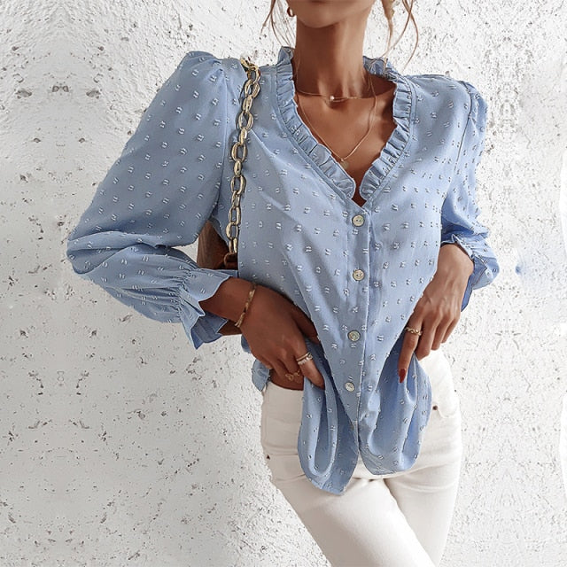 Fashionable Chic A Line V Neck Solid Color Blouse
