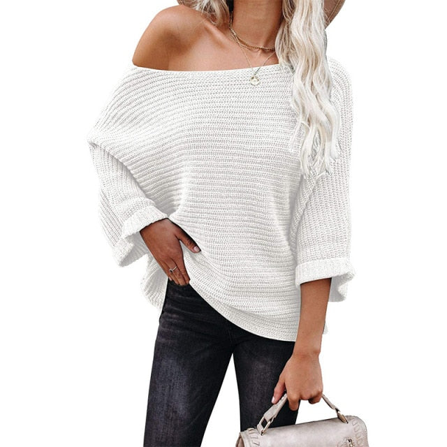 Solid Batwing Sleeve Vintage Sweater - Knitted Slashed Neckline (various colors)