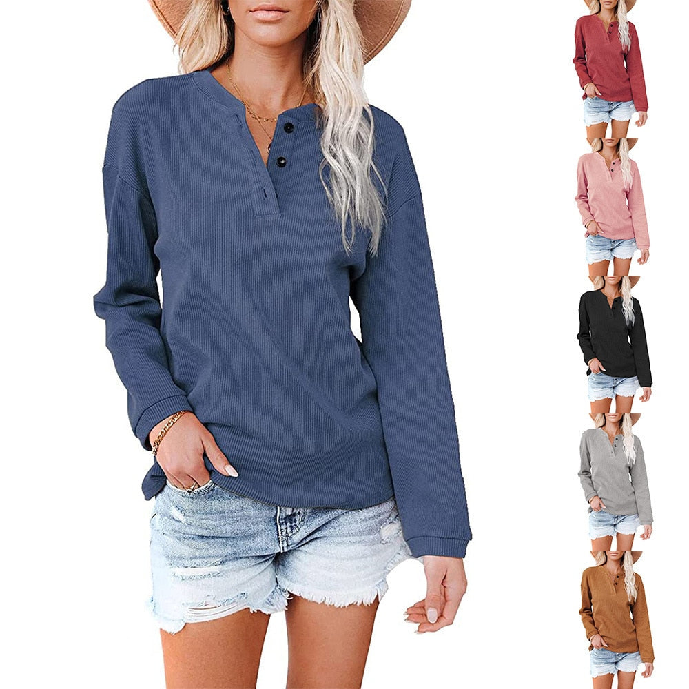 Fashion V Neck Solid Colors Blouse for Women (Button) Long Sleeve