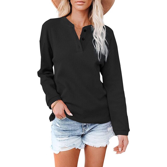 Fashion V Neck Solid Colors Blouse for Women (Button) Long Sleeve